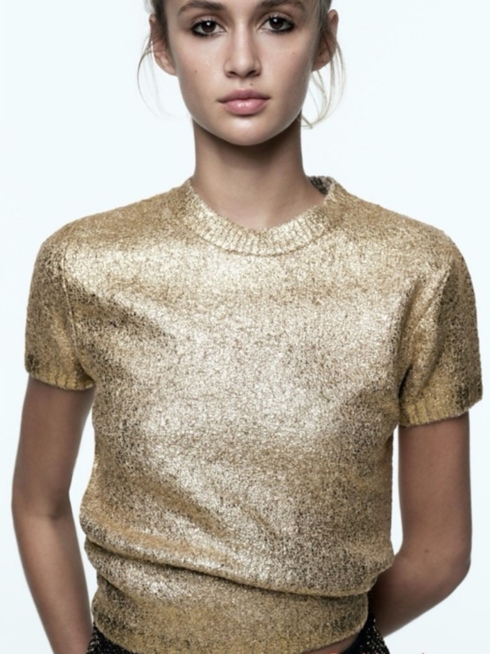 Zara knit short-sleeve sweater top in a metallic golden color